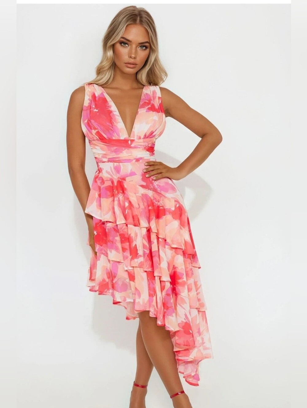 Size L Fachion Nova Floral Pink V-Neck Ruffled Asymmetrical Dress